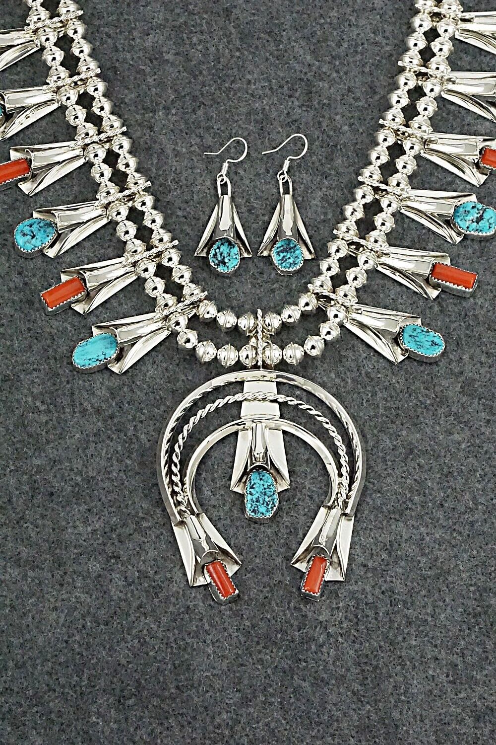 Turquoise, Coral & Sterling Silver Squash Blossom Set - Louise Yazzie