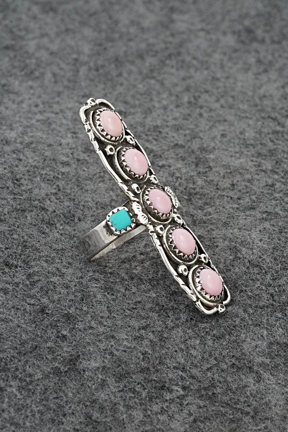 Pink Conch, Turquoise & Sterling Silver Ring - Priscilla Reeder - Size 7.5