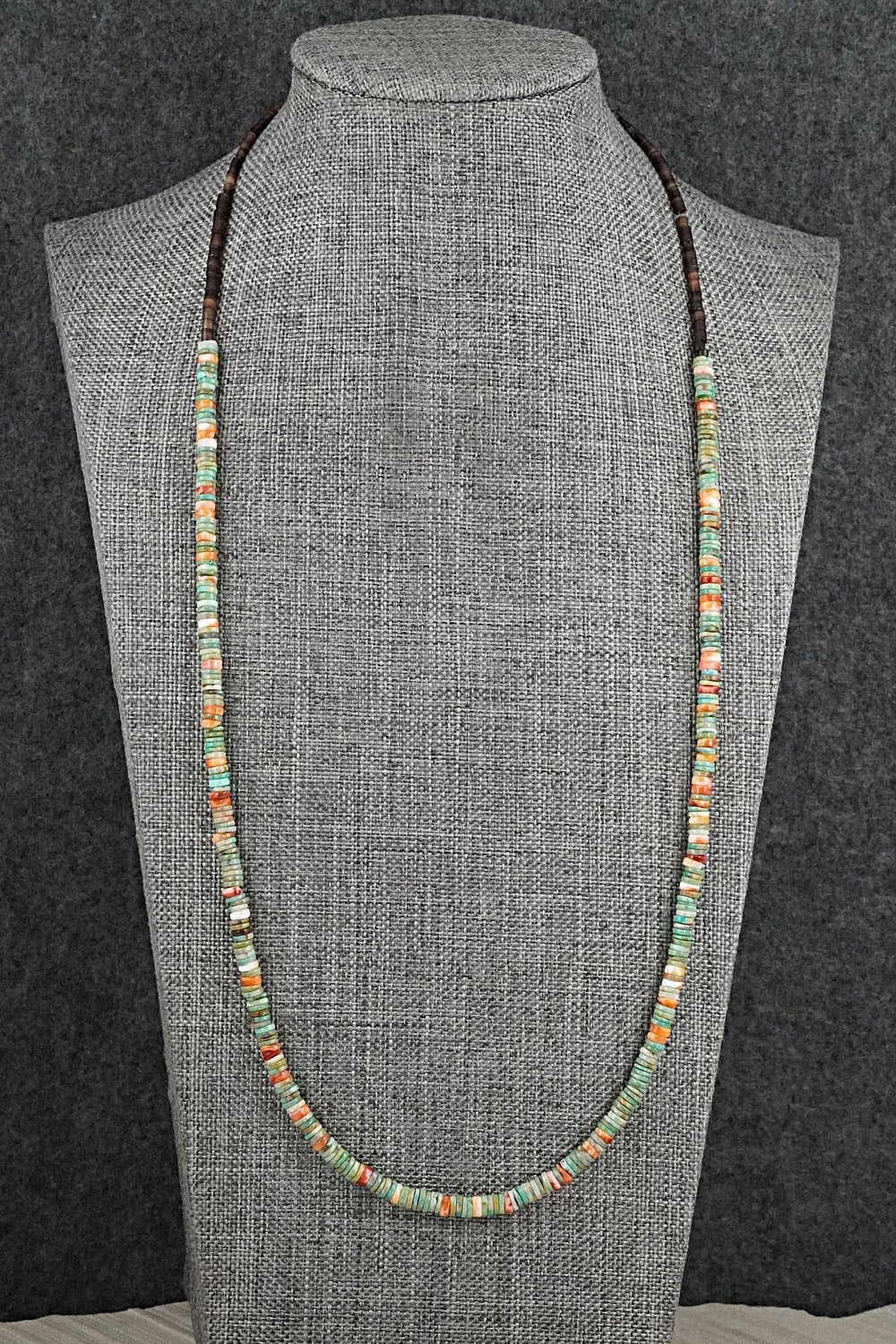 Turquoise, Spiny Oyster & Sterling Silver Necklace 24" - Doreen Jake