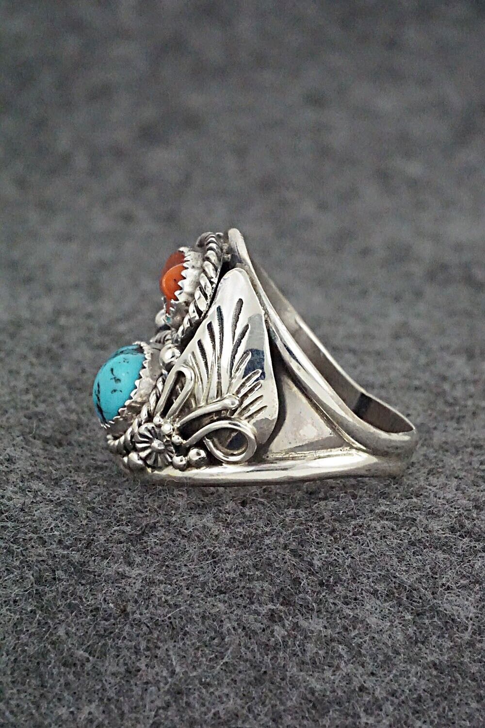 Turquoise, Coral & Sterling Silver Ring - Leonard Spencer - Size 11.75