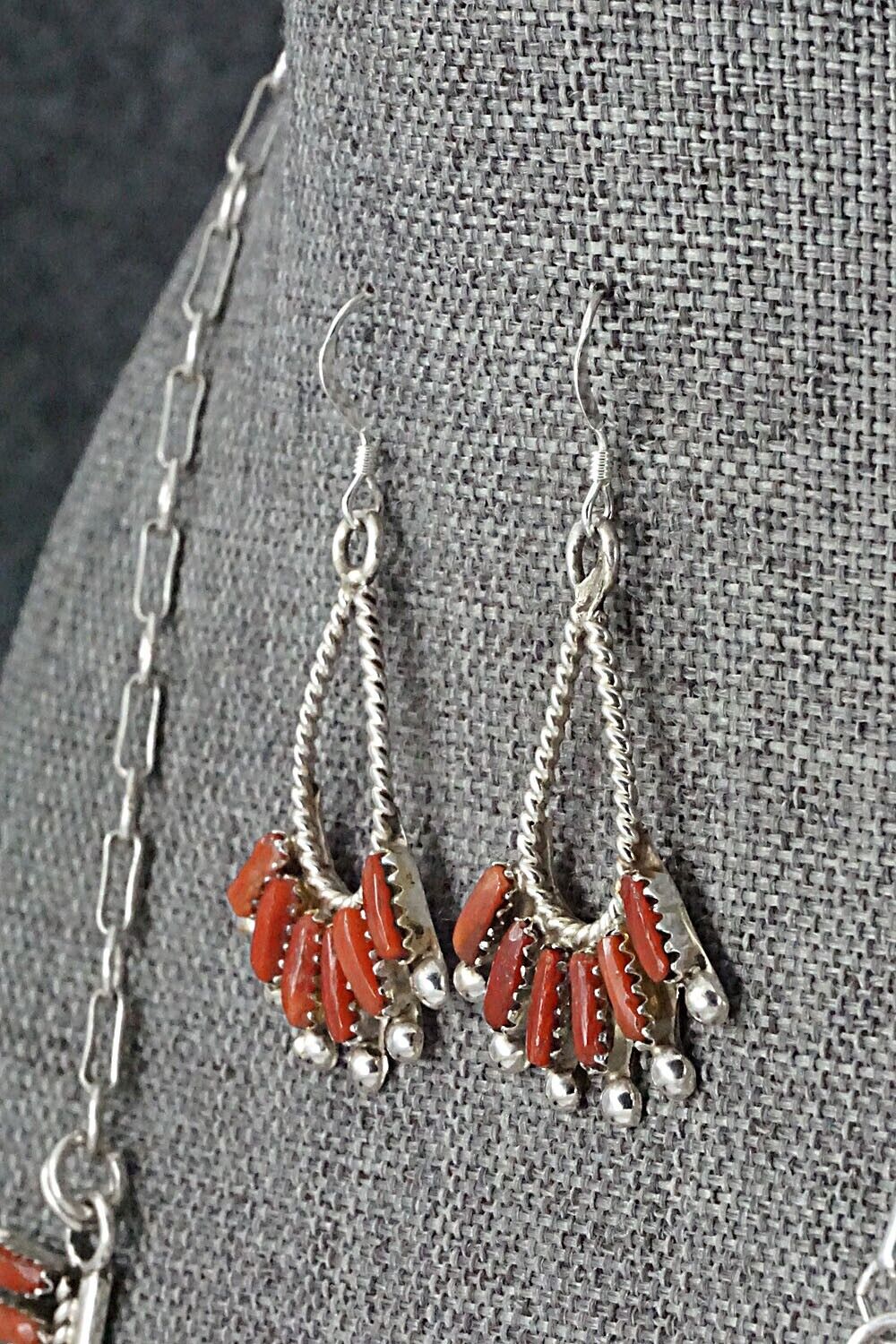 Coral & Sterling Silver Necklace and Earrings Set - Vangie Tsabetsaye
