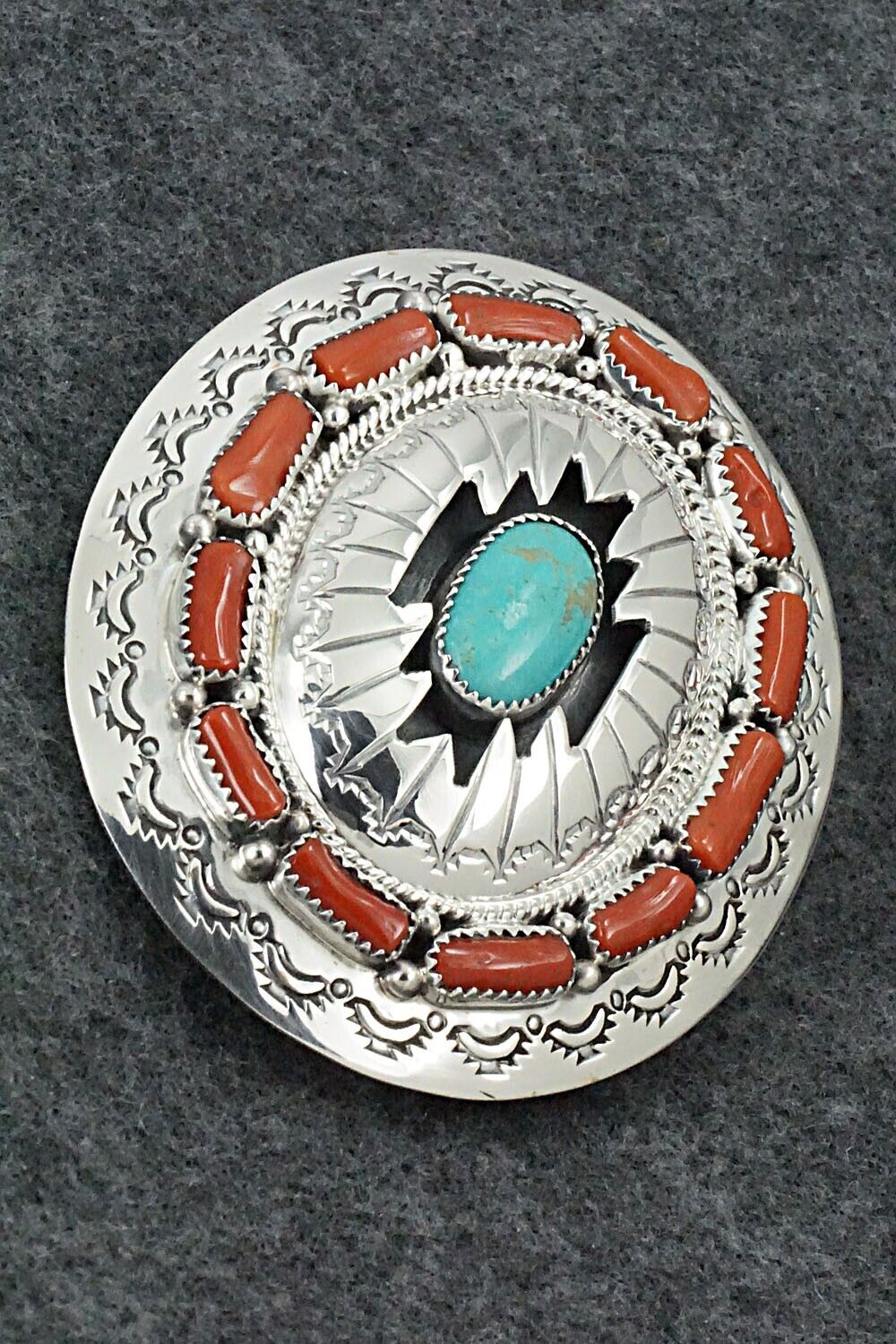 Turquoise, Coral & Sterling Silver Belt Buckle - Wilbert Muskett Sr.