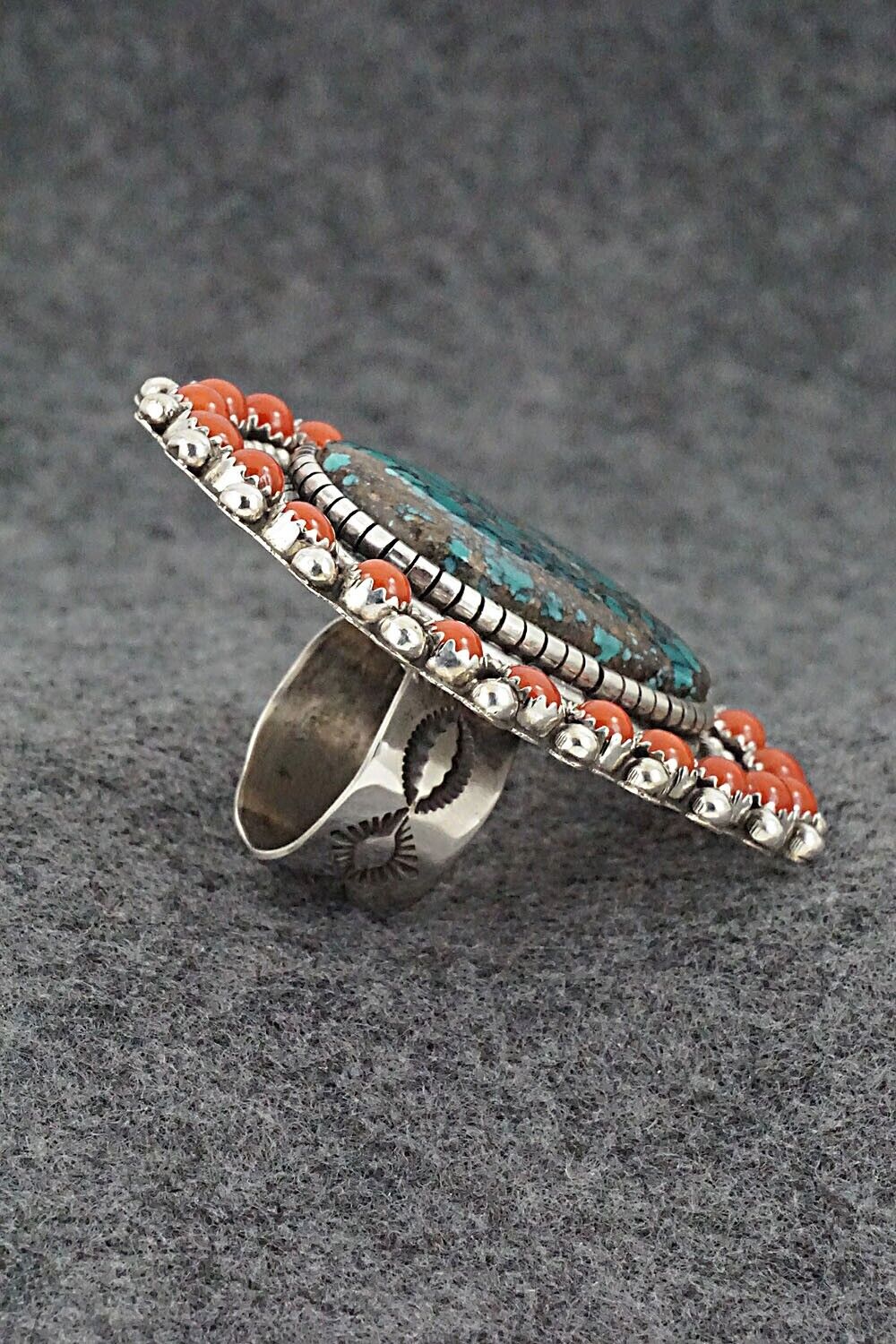 Turquoise, Coral & Sterling Silver Ring - Hemerson Brown - Size 9 Adj.