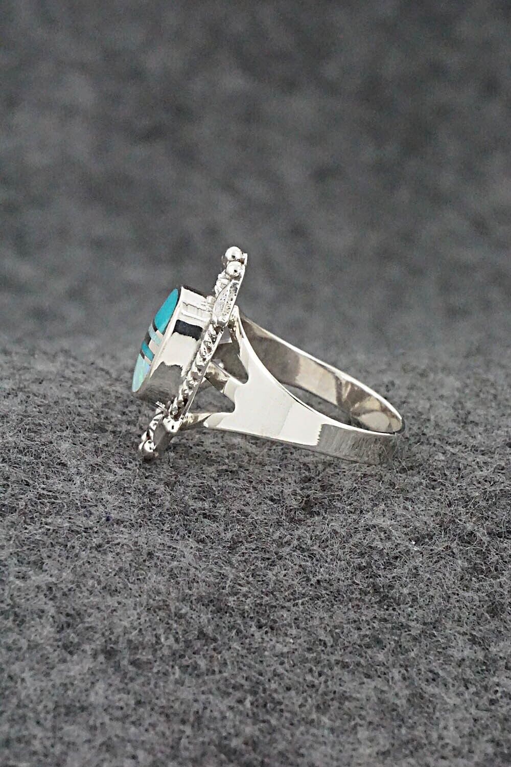 Turquoise, Opalite & Sterling Silver Inlay Ring - James Manygoats - Size 8