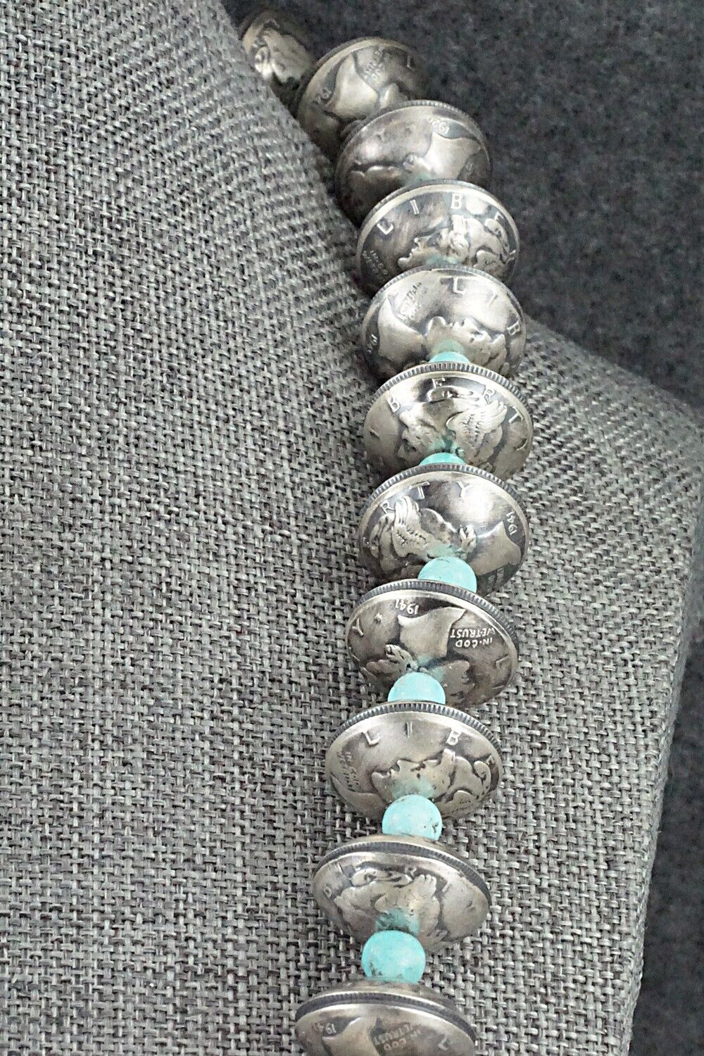 Turquoise & Handmade Mercury Dime Bead Sterling Silver Necklace - Julius Burbank