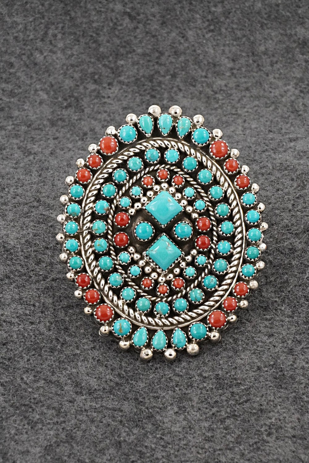 Turquoise, Coral and Sterling Silver Ring - Tina Jones - Size 8 Adj.