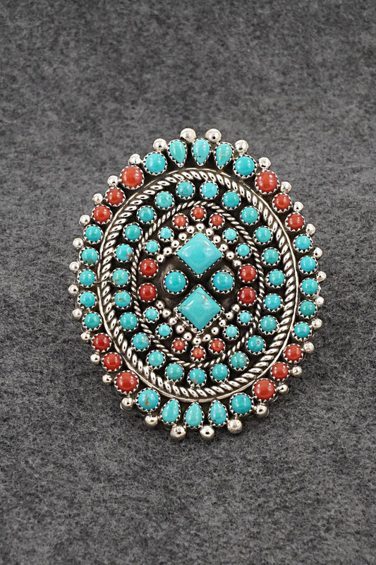 Turquoise, Coral and Sterling Silver Ring - Tina Jones - Size 8 Adj.