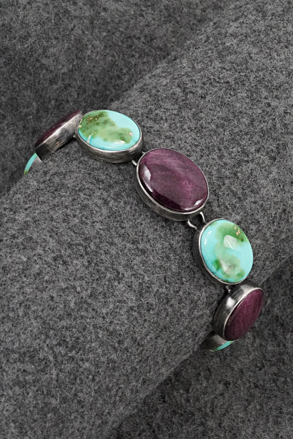 Turquoise, Spiny Oyster & Sterling Silver Link Bracelet - Diane Wylie