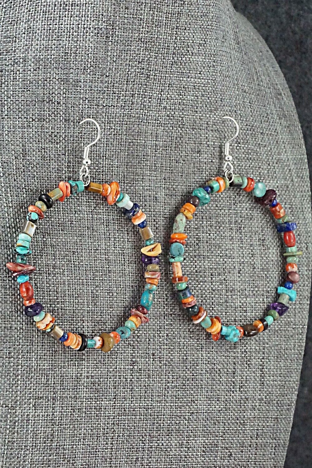 Multi Stone & Sterling Silver Hoop Earrings - Helen Tsosie