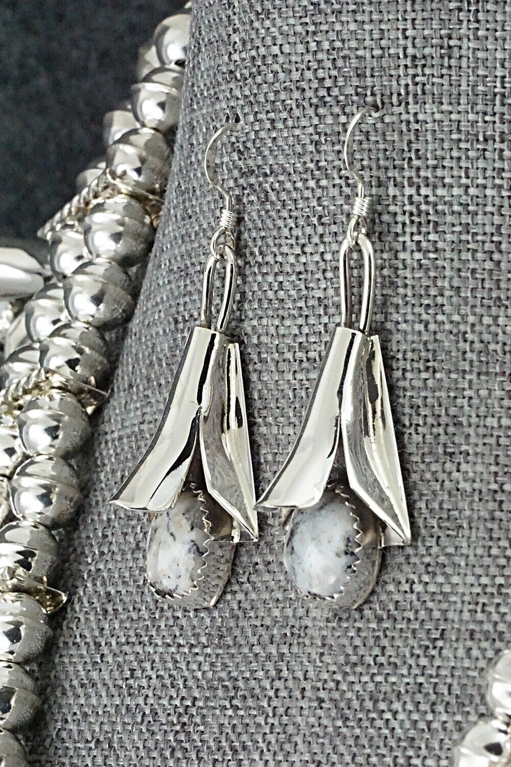 White Buffalo & Sterling Silver Squash Blossom Set - Louise Yazzie