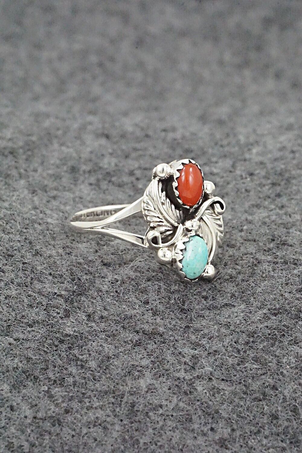 Turquoise, Coral & Sterling Silver Ring - Harris Largo - Size 9