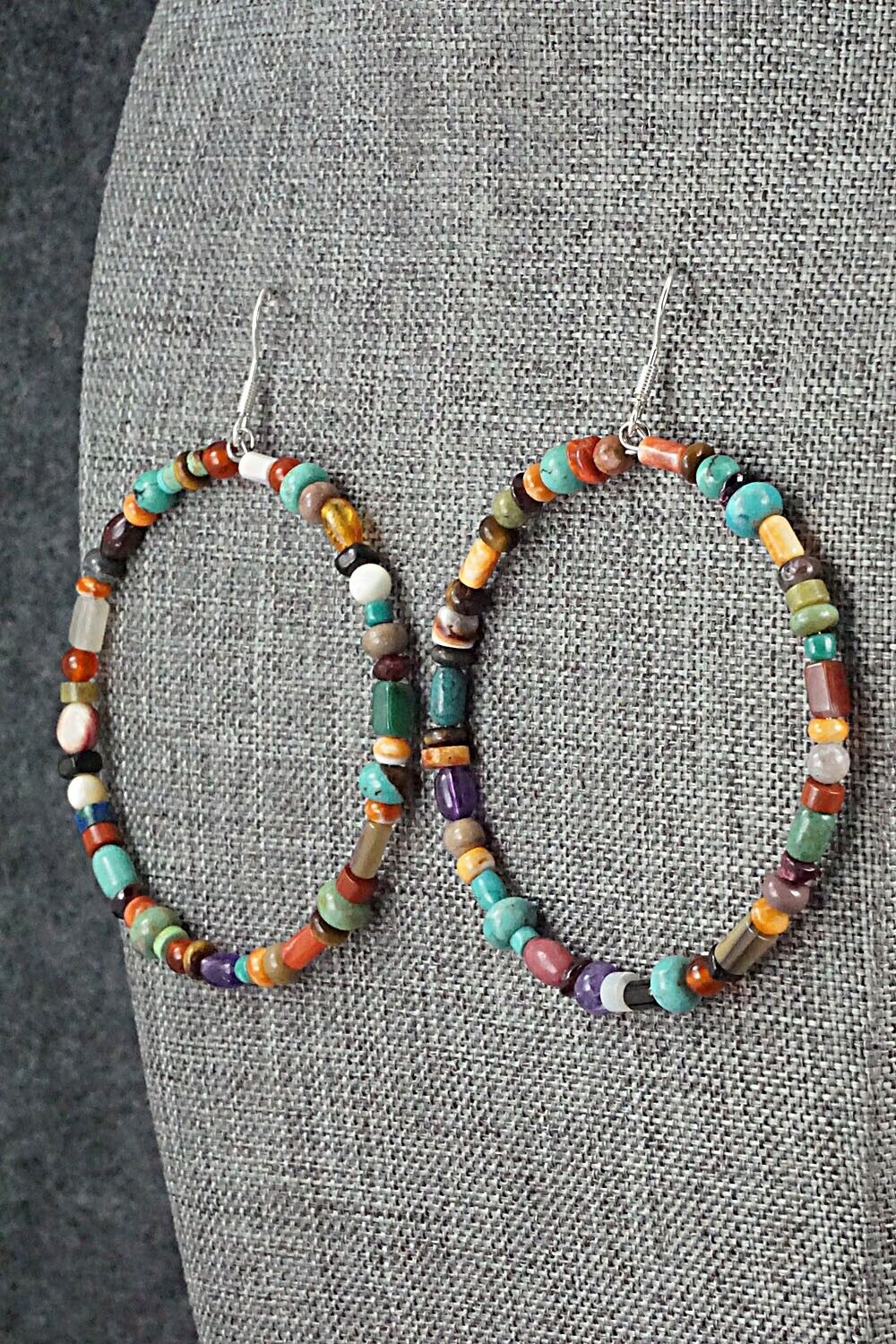 Multi Stone & Sterling Silver Hoop Earrings - Helen Tsosie