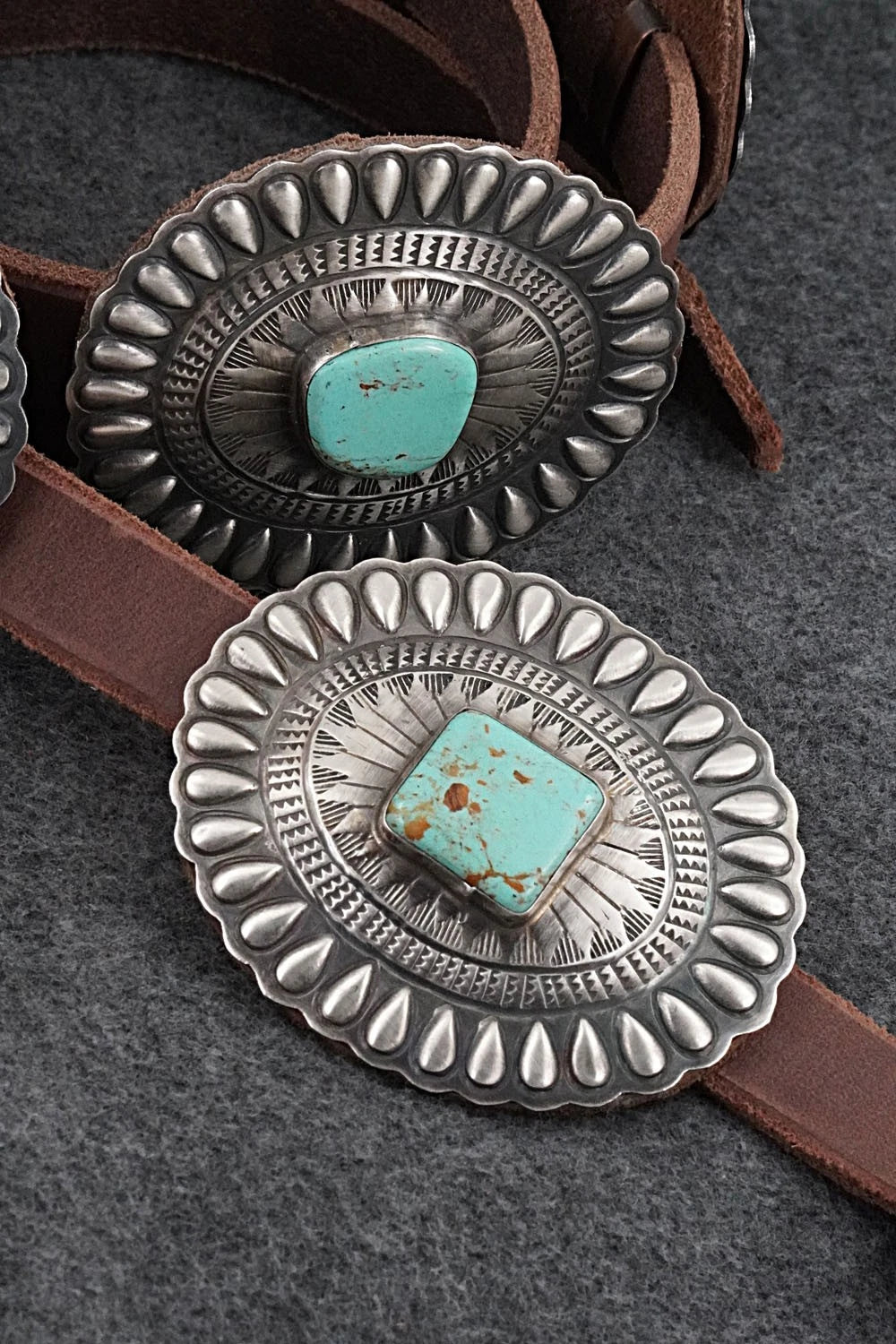Turquoise, Sterling Silver & Leather Concho Belt - Dan Morgan