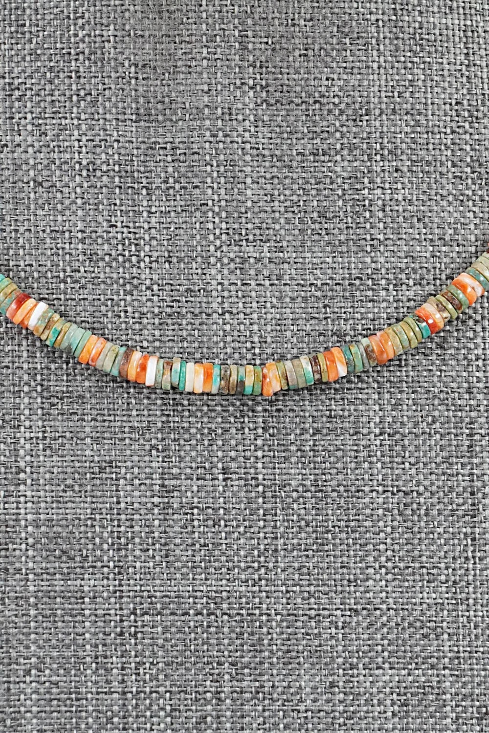 Turquoise, Spiny Oyster & Sterling Silver Necklace 17" - Doreen Jake
