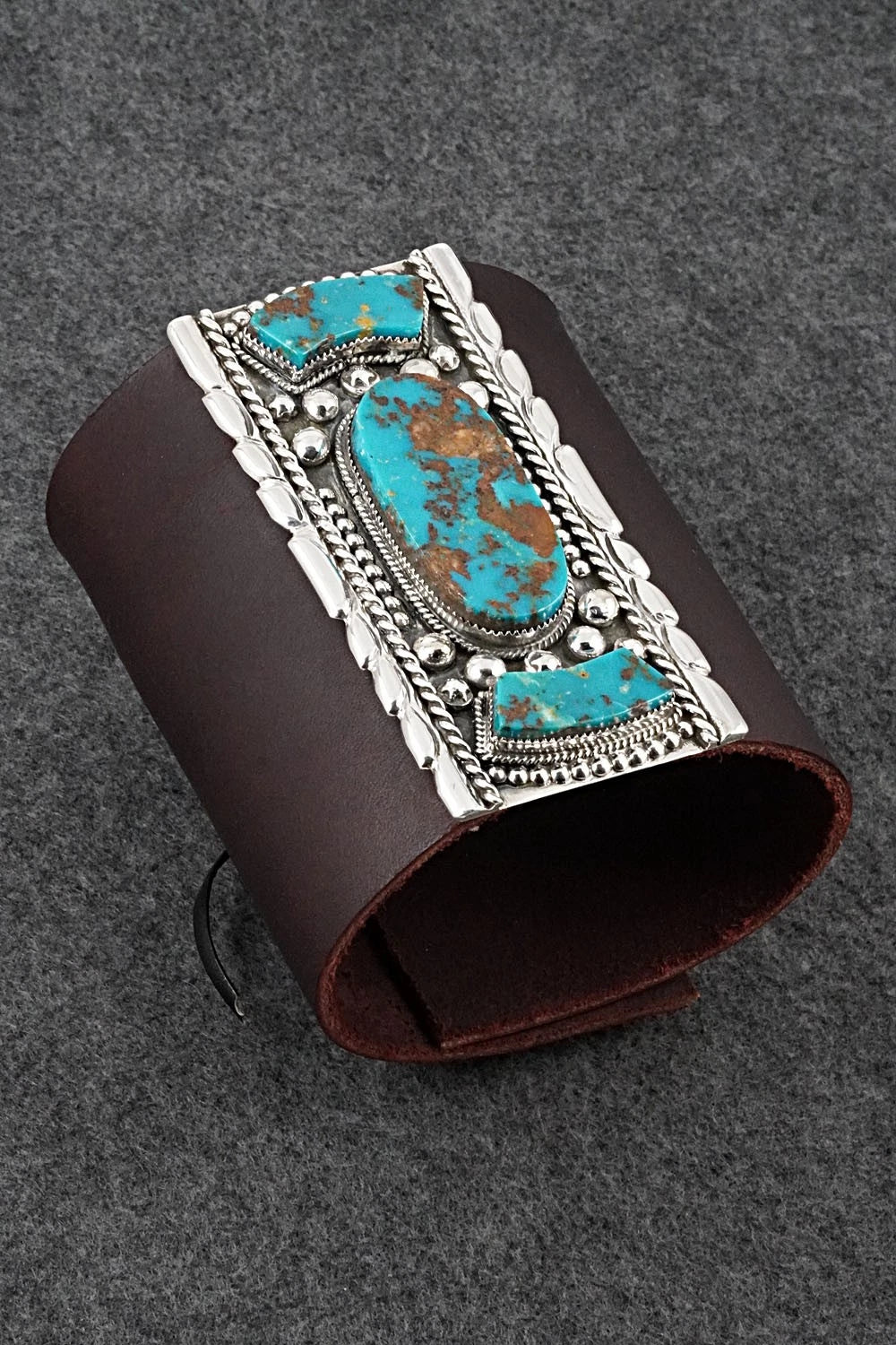 Turquoise, Sterling Silver & Leather Bracelet - Griffin Tsabetsaye Jr.