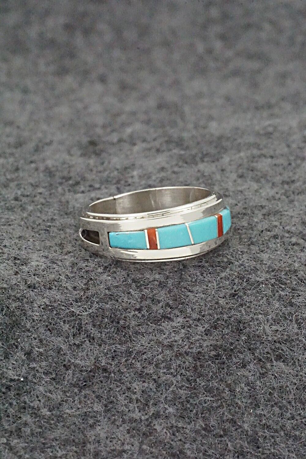 Turquoise, Coral & Sterling Silver Inlay Ring - Wilbert Muskett Jr. - Size 6