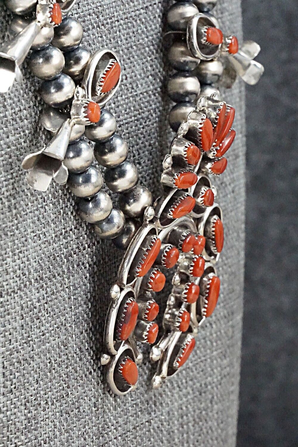 Coral & Sterling Silver Squash Blossom and Earrings Set - Vie Bobelu