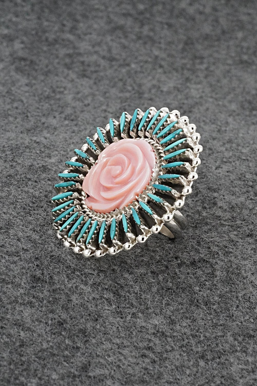 Turquoise, Pink Conch & Sterling Silver Ring - Roland Francisco - Size Adj.