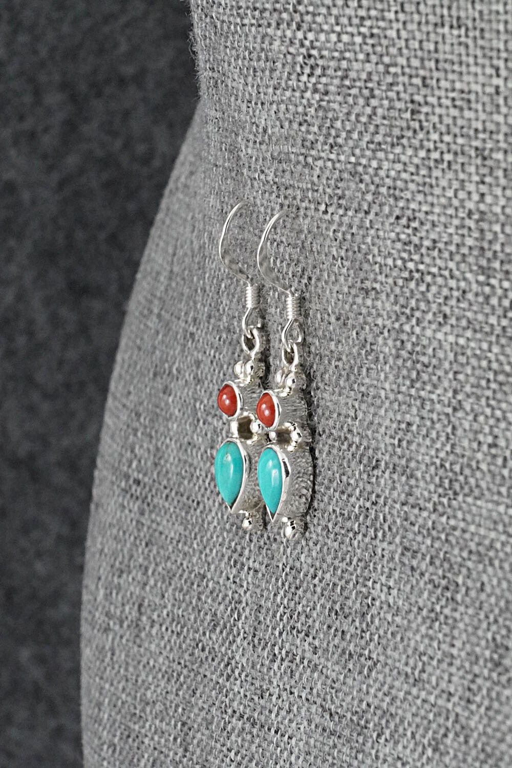 Turquoise, Coral & Sterling Silver Earrings - Gary Shorty