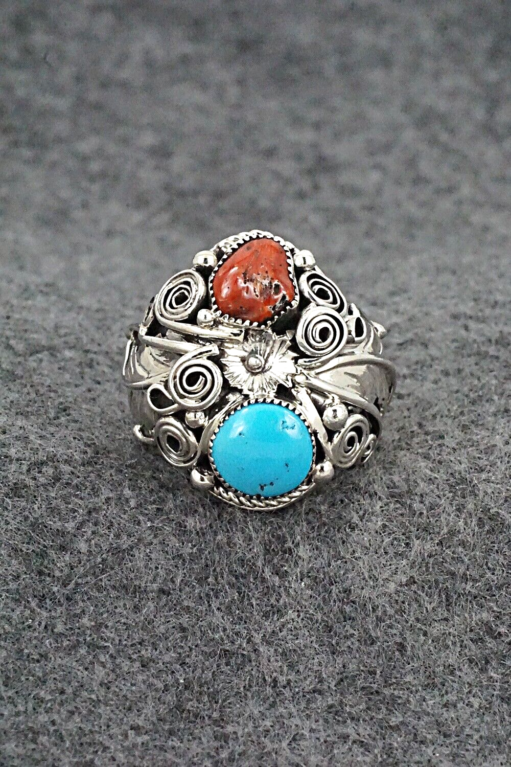 Turquoise, Coral & Sterling Silver Ring - Sarah Yazzie - Size 10