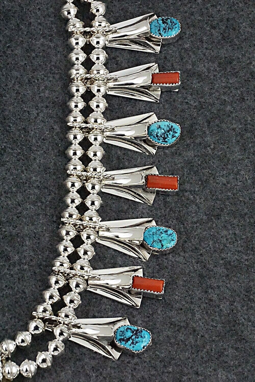 Turquoise, Coral & Sterling Silver Squash Blossom Set - Louise Yazzie