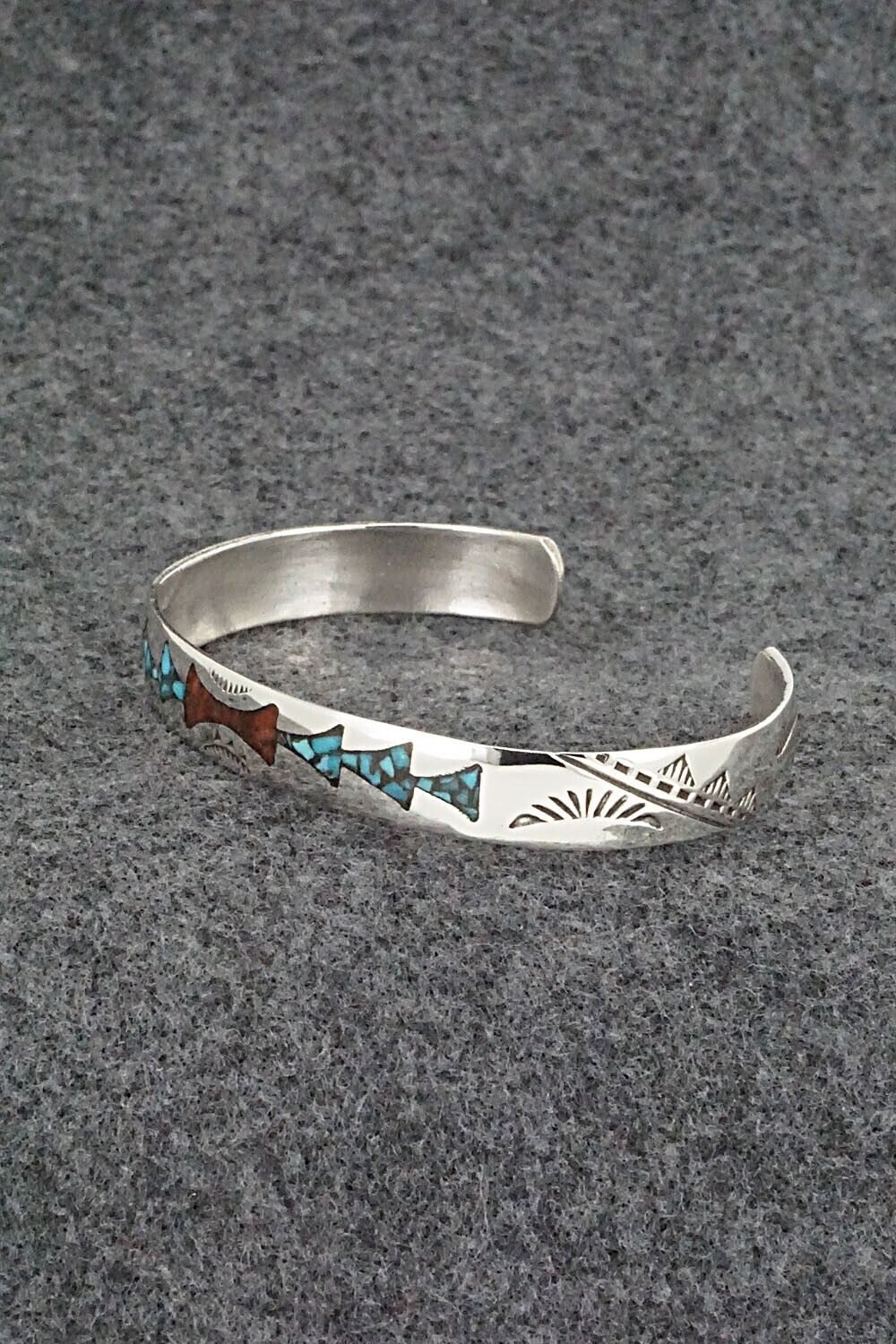 Turquoise, Coral Chip Inlay & Sterling Silver Bracelet - Joleen Yazzie