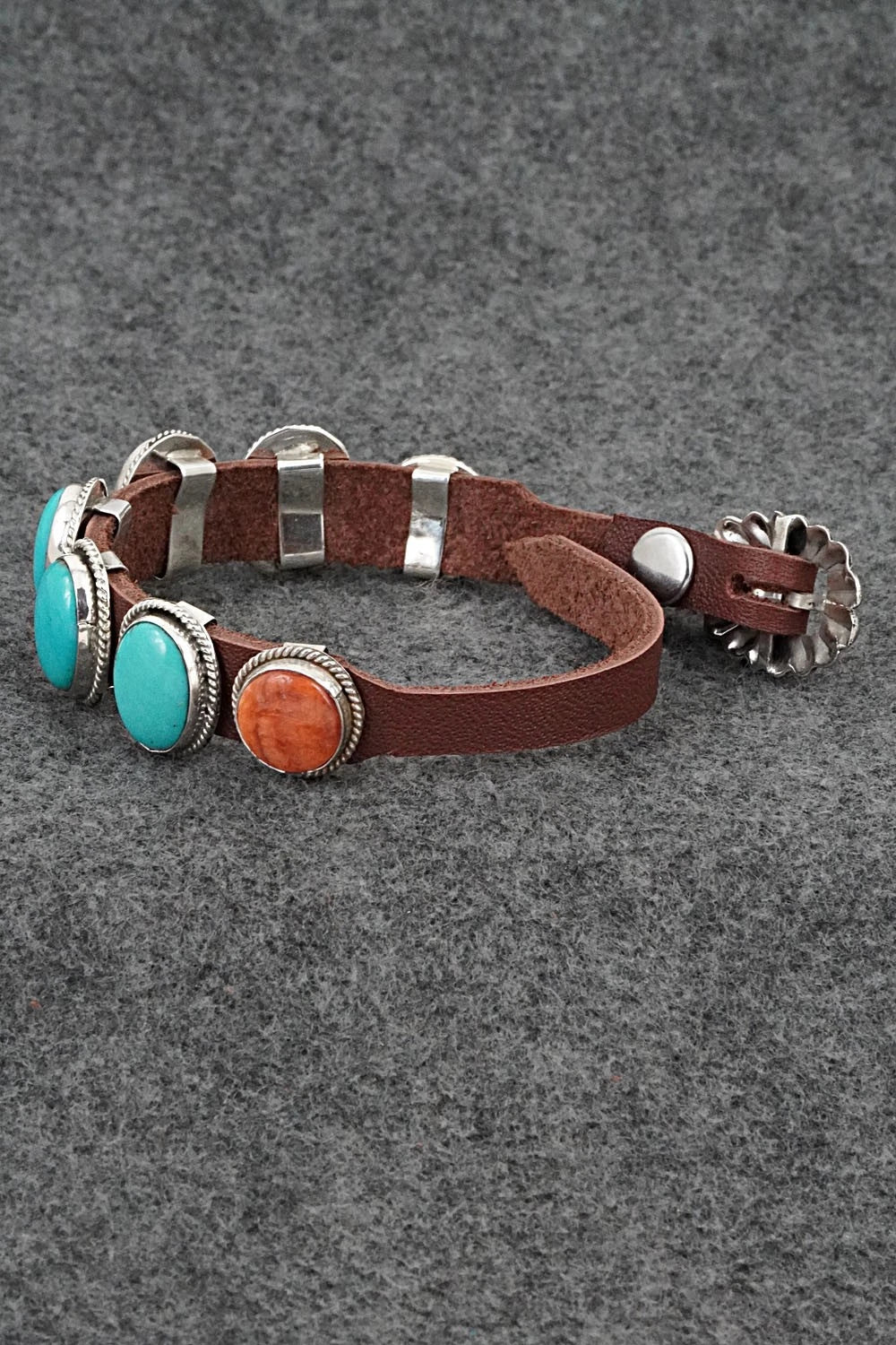 Turquoise, Spiny Oyster, Sterling Silver & Leather Bracelet - Bonnie Willie