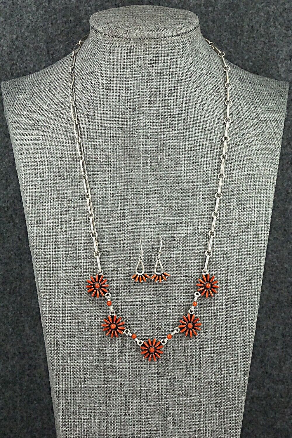 Coral & Sterling Silver Necklace and Earrings Set - Mildred Ukestine