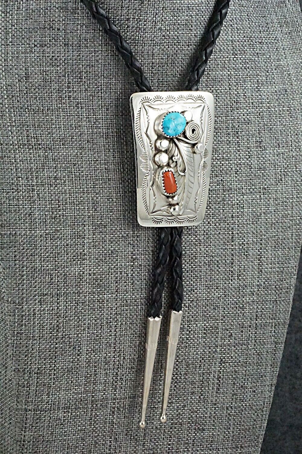Turquoise, Coral & Sterling Silver Bolo Tie - Wilbur Myers