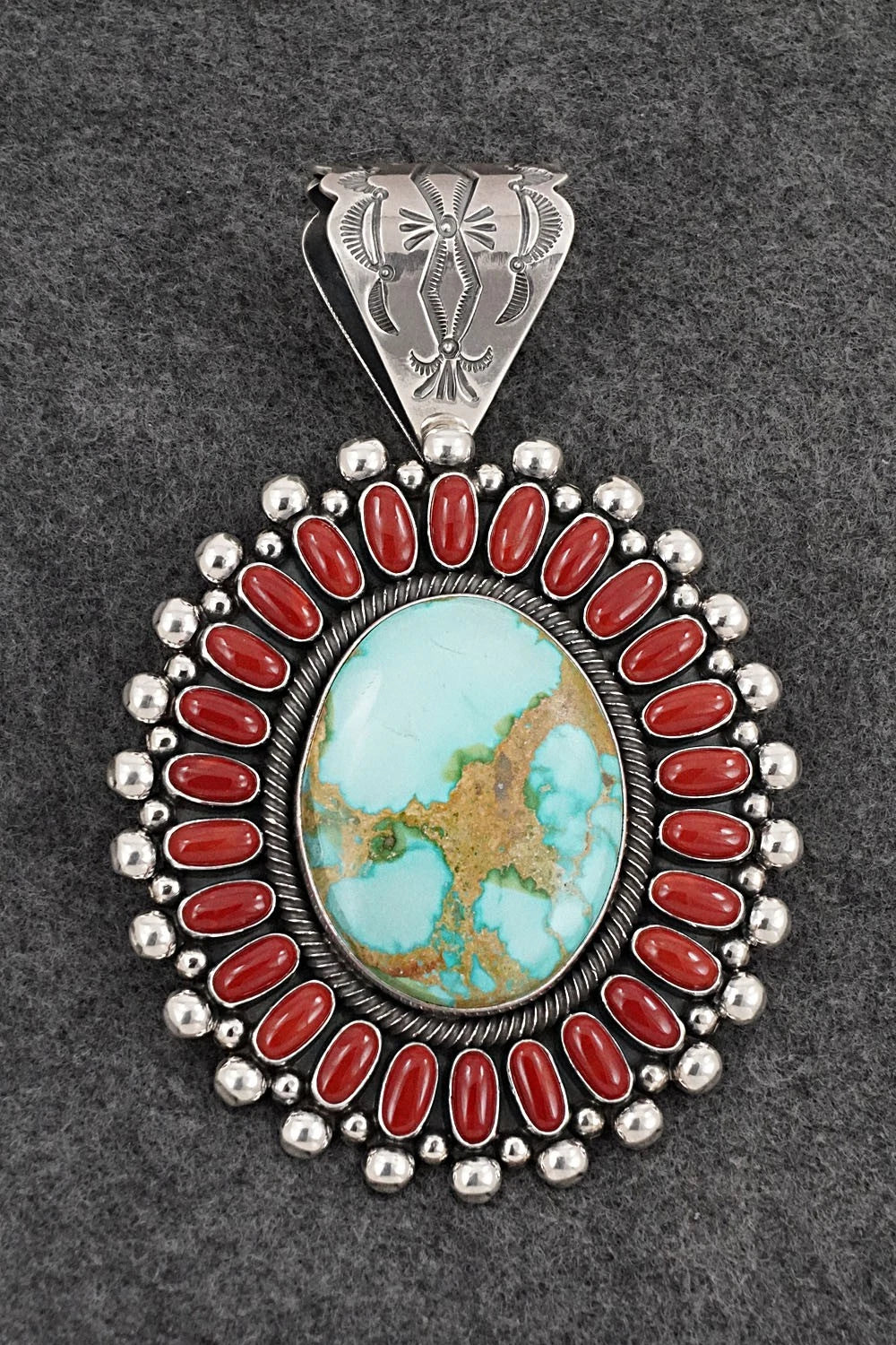 Turquoise, Coral & Sterling Silver Pendant - Ernest Begay