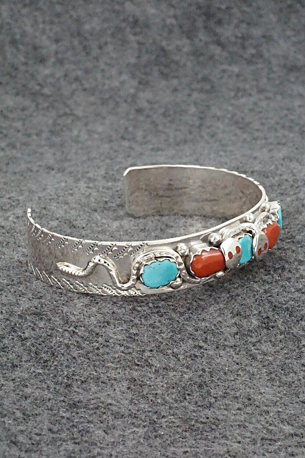 Turquoise, Coral & Sterling Silver Bracelet - Joy Calavaza