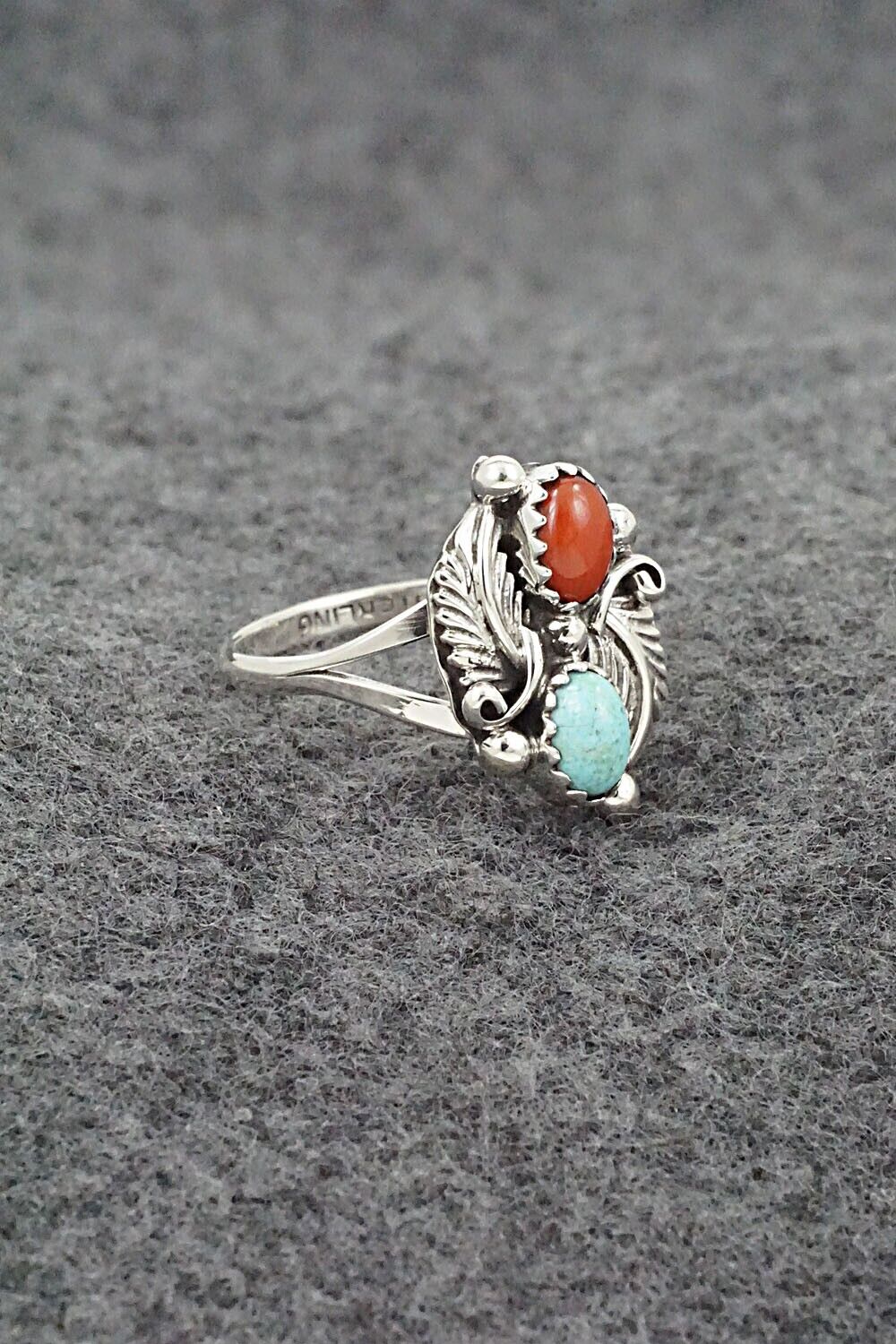 Turquoise, Coral & Sterling Silver Ring - Harris Largo - Size 8.5