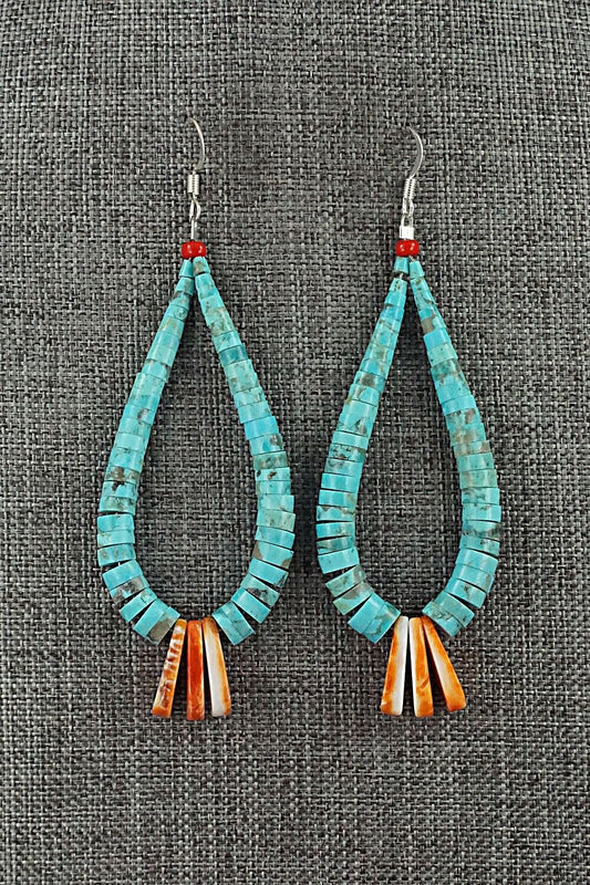 Turquoise, Spiny Oyster & Sterling Silver Earrings - Lupe Lovato