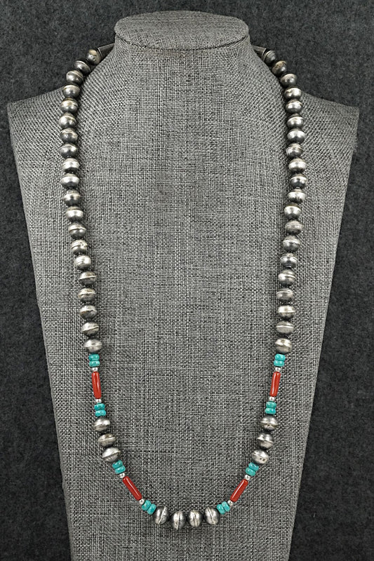 Multi-Stone & Sterling Silver Navajo Pearl Necklace 24" - Vintage
