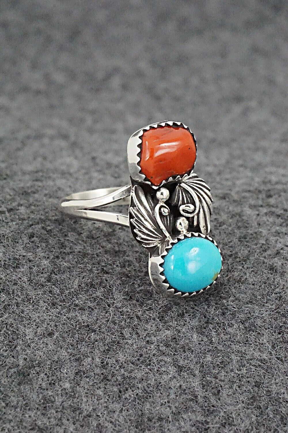 Coral, Turquoise & Sterling Silver Ring - Alice Rose Saunders - Size 8.5