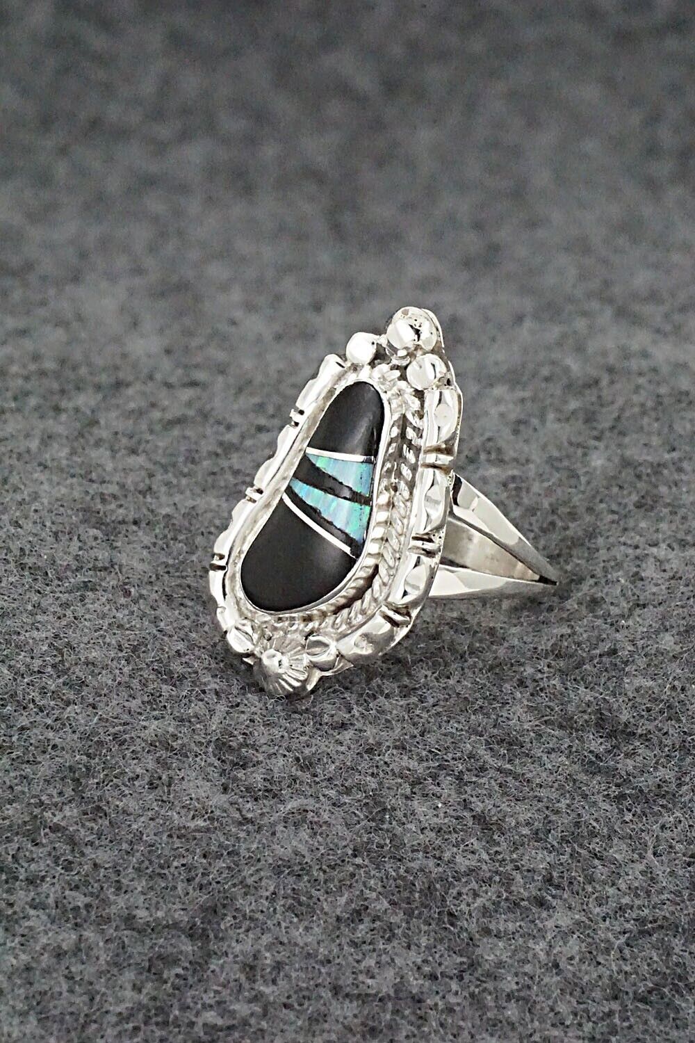 Onyx, Opalite & Sterling Silver Inlay Ring - James Manygoats - Size 7.25