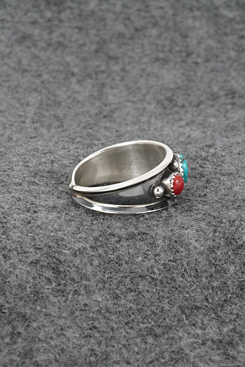 Turquoise, Coral & Sterling Silver Ring - Paul Largo - Size 12