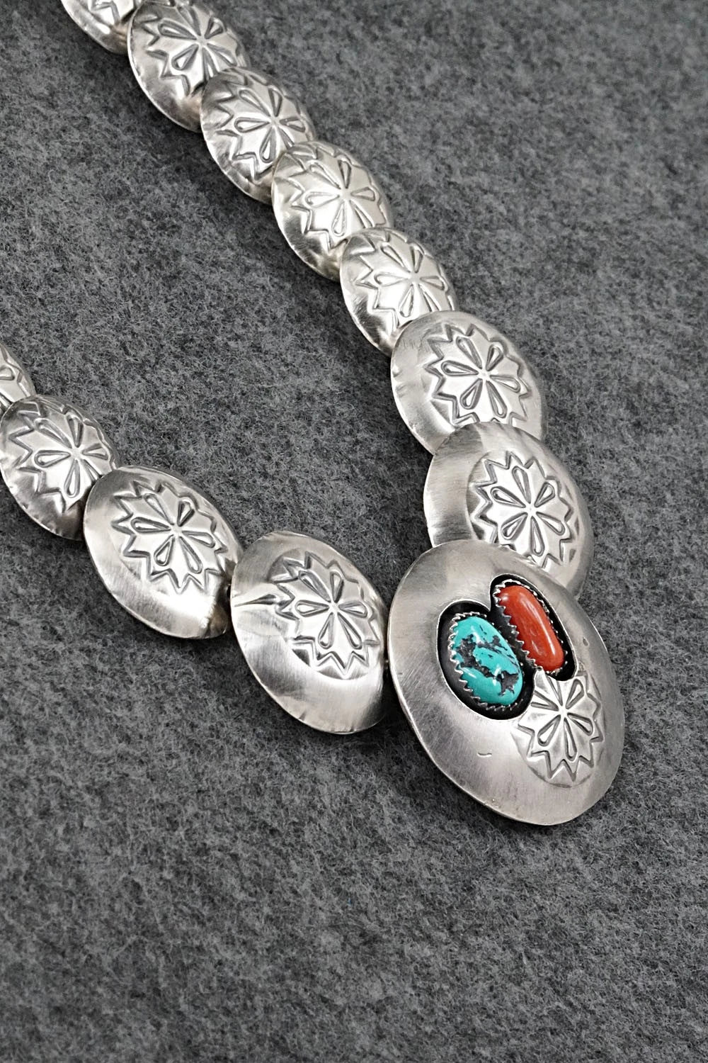Turquoise, Coral & Sterling Silver Necklace and Earrings Set - Tim Thompson