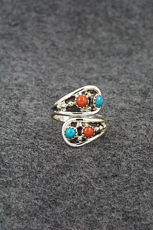 Turquoise, Coral & Sterling Silver Ring - Genevieve Francisco - Size 7