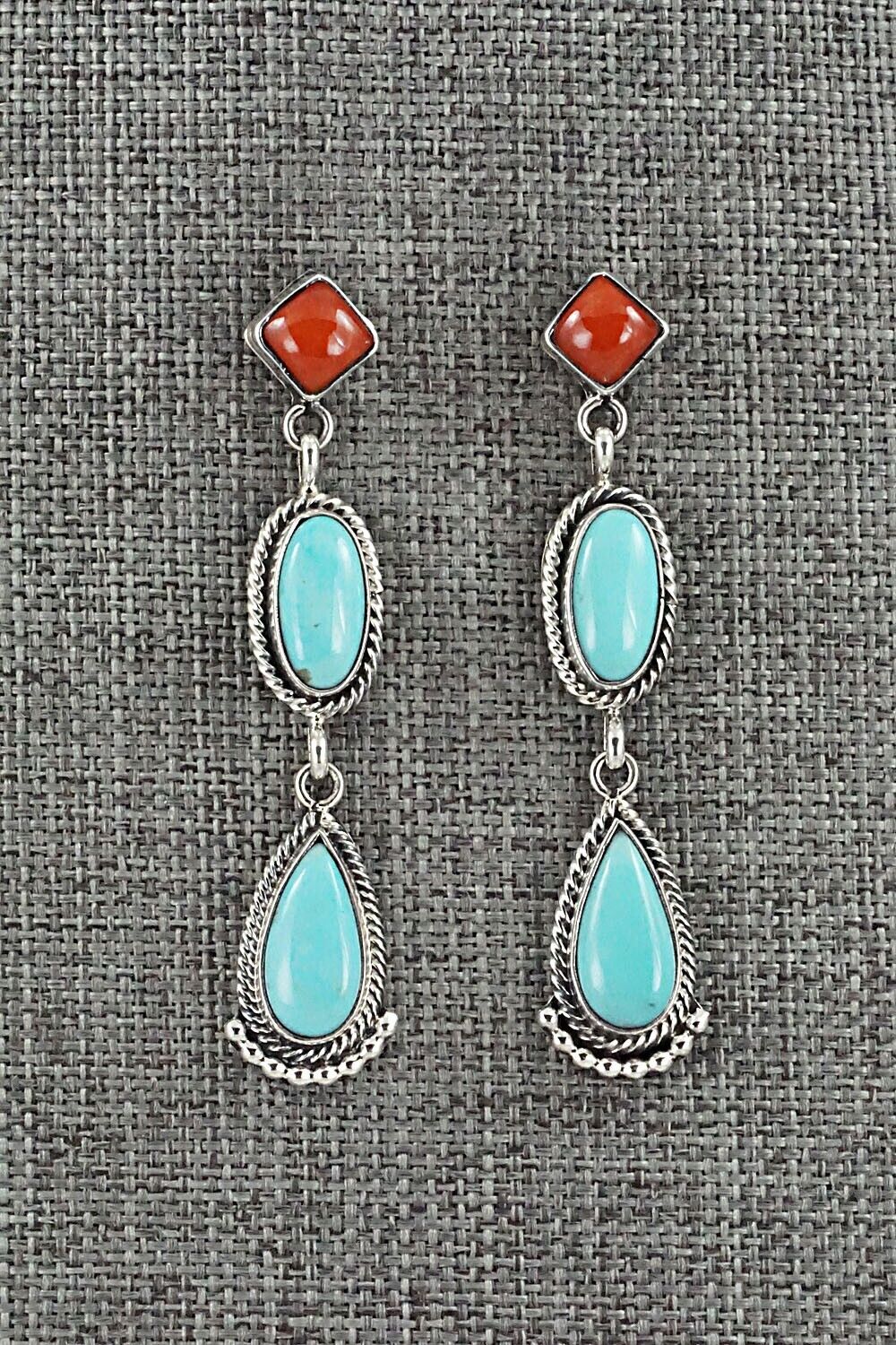 Turquoise, Coral & Sterling Silver Earrings - Verley Betone