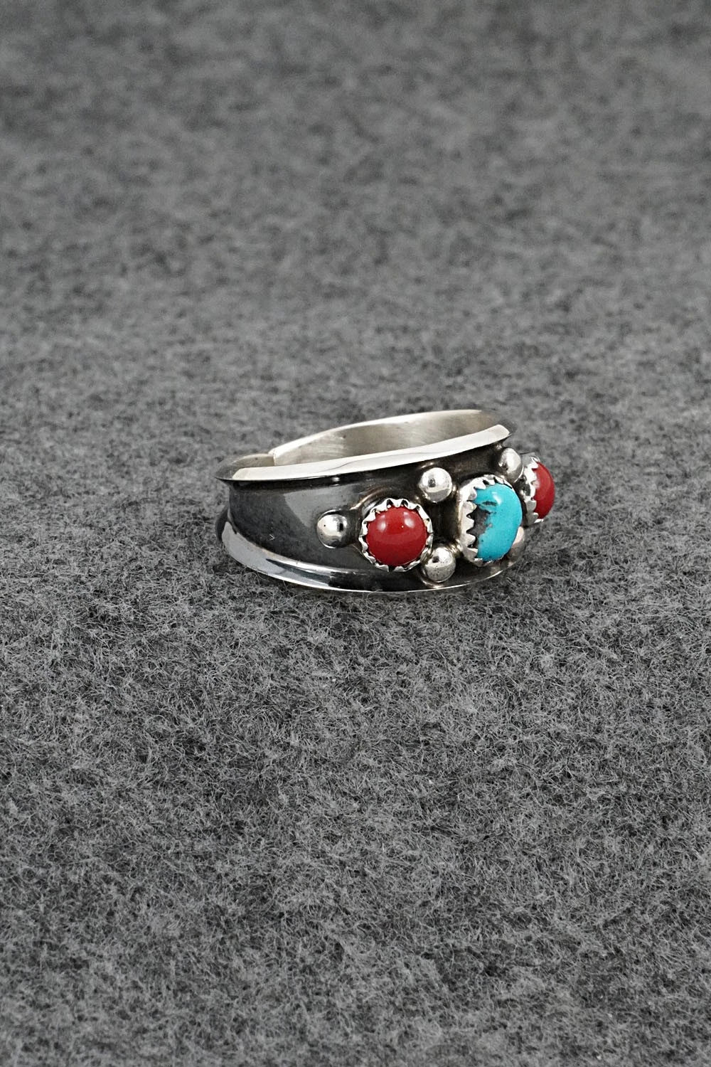 Turquoise, Coral & Sterling Silver Ring - Paul Largo - Size 11