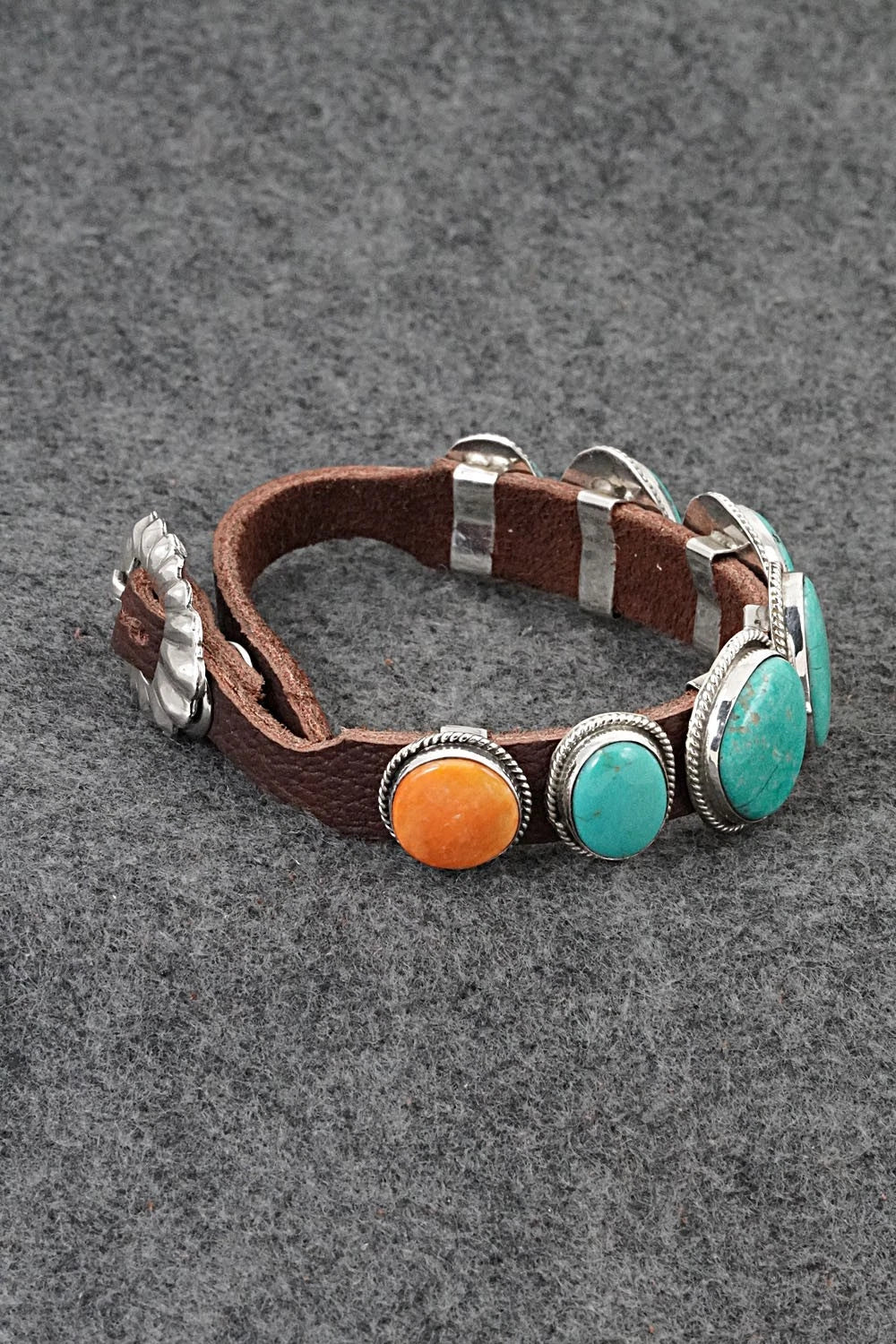 Turquoise, Spiny Oyster, Sterling Silver & Leather Bracelet - Marlene Ramone