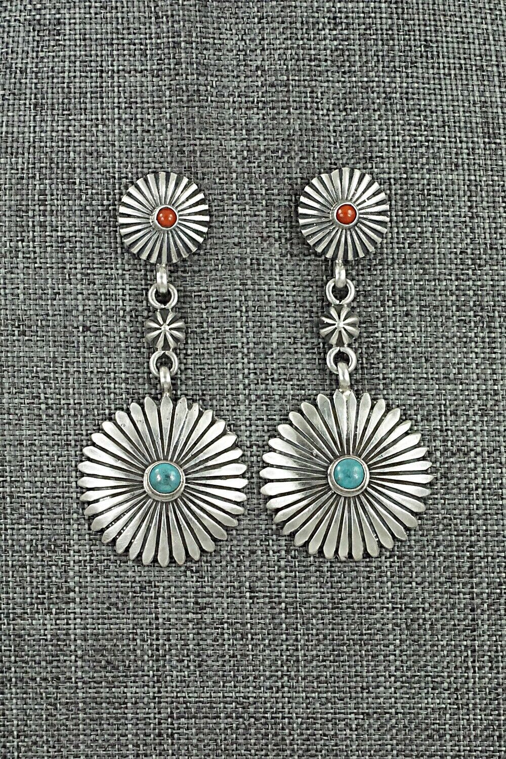 Turquoise, Coral & Sterling Silver Earrings - Verley Betone