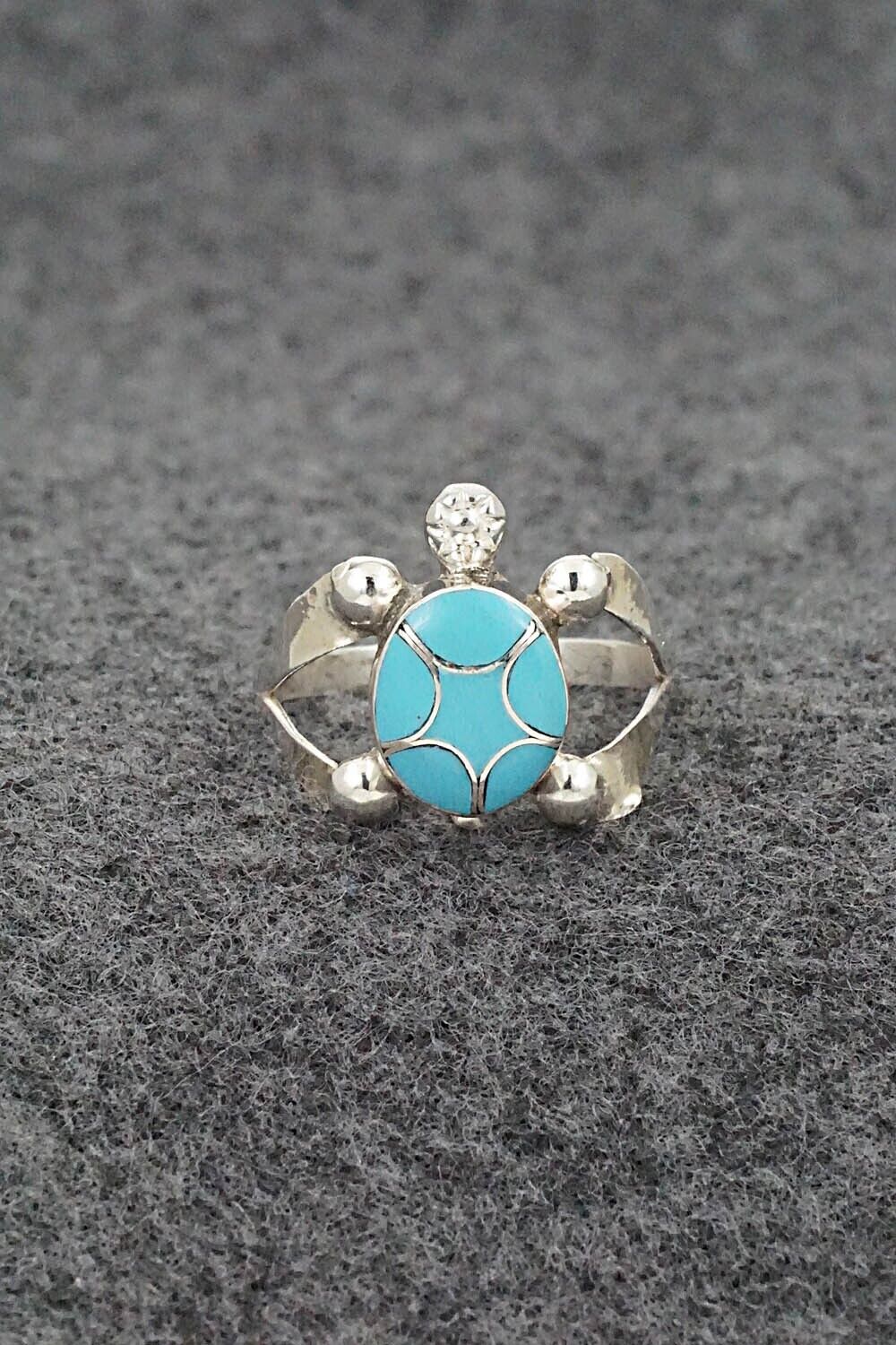 Turquoise & Sterling Silver Inlay Ring - Amelida Peynetsa - Size 6.5