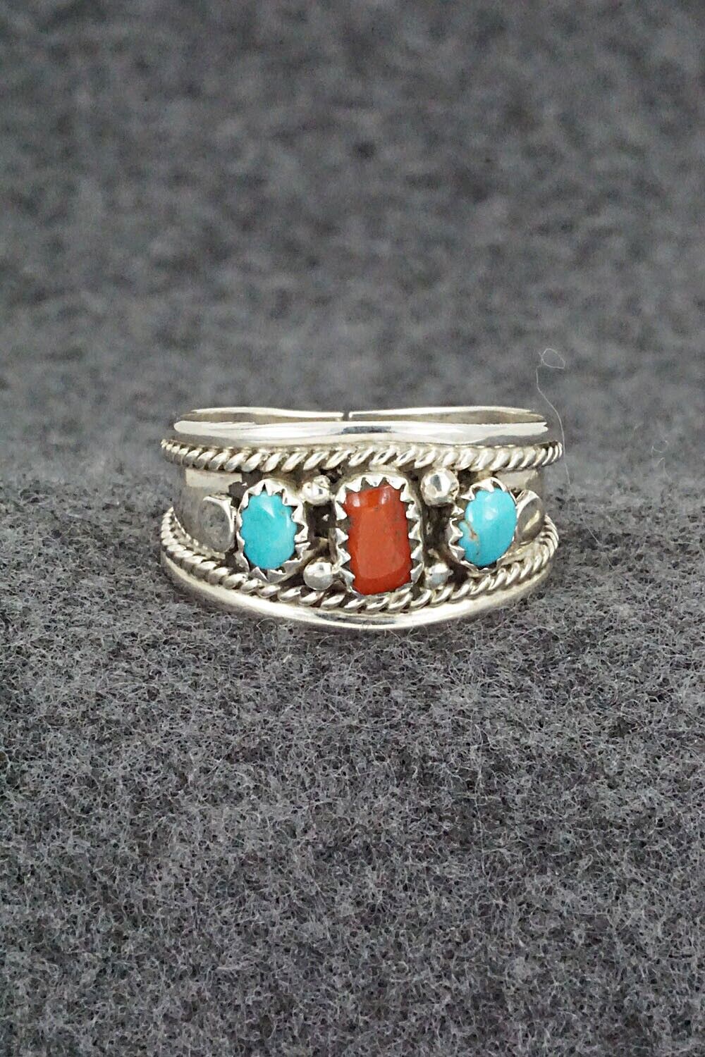 Turquoise, Coral & Sterling Silver Ring - Sondra Whitegoat - Size 11