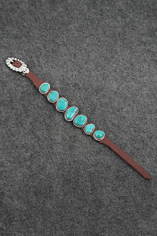 Turquoise, Sterling Silver & Leather Bracelet - Marlene Ramone