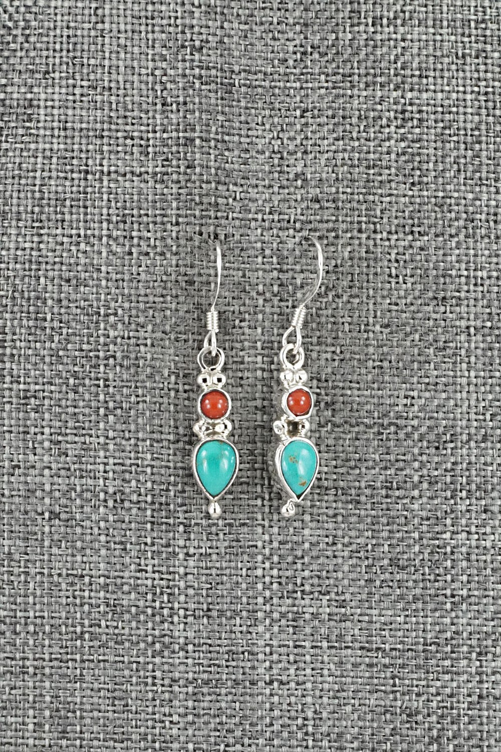 Turquoise, Coral & Sterling Silver Earrings - Gary Shorty