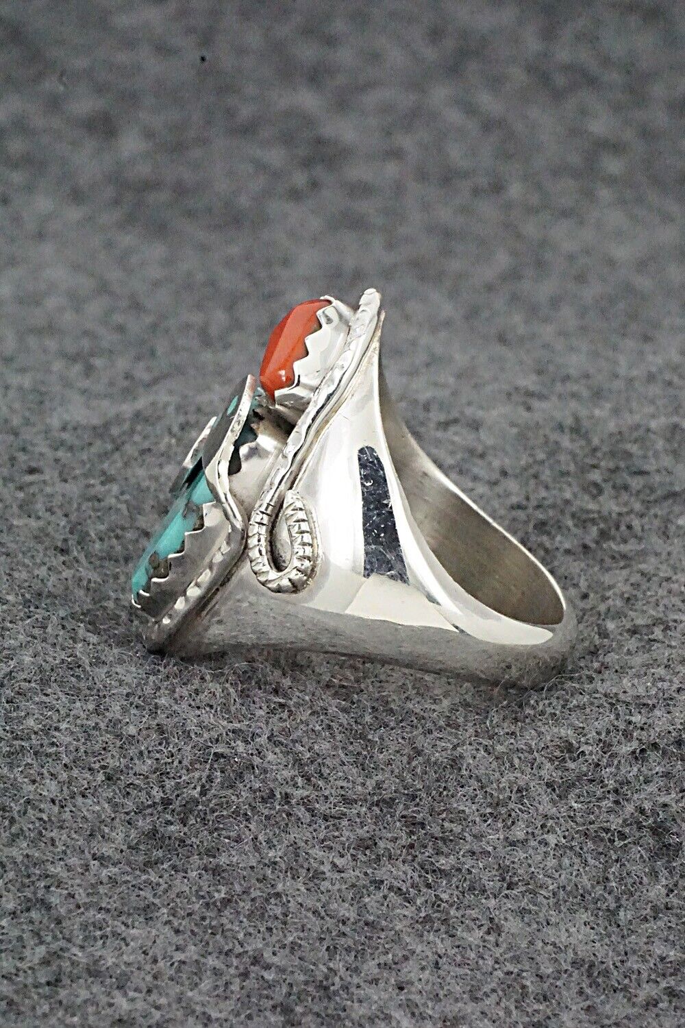 Turquoise, Coral & Sterling Silver Ring - Joy Calavaza - Size 13