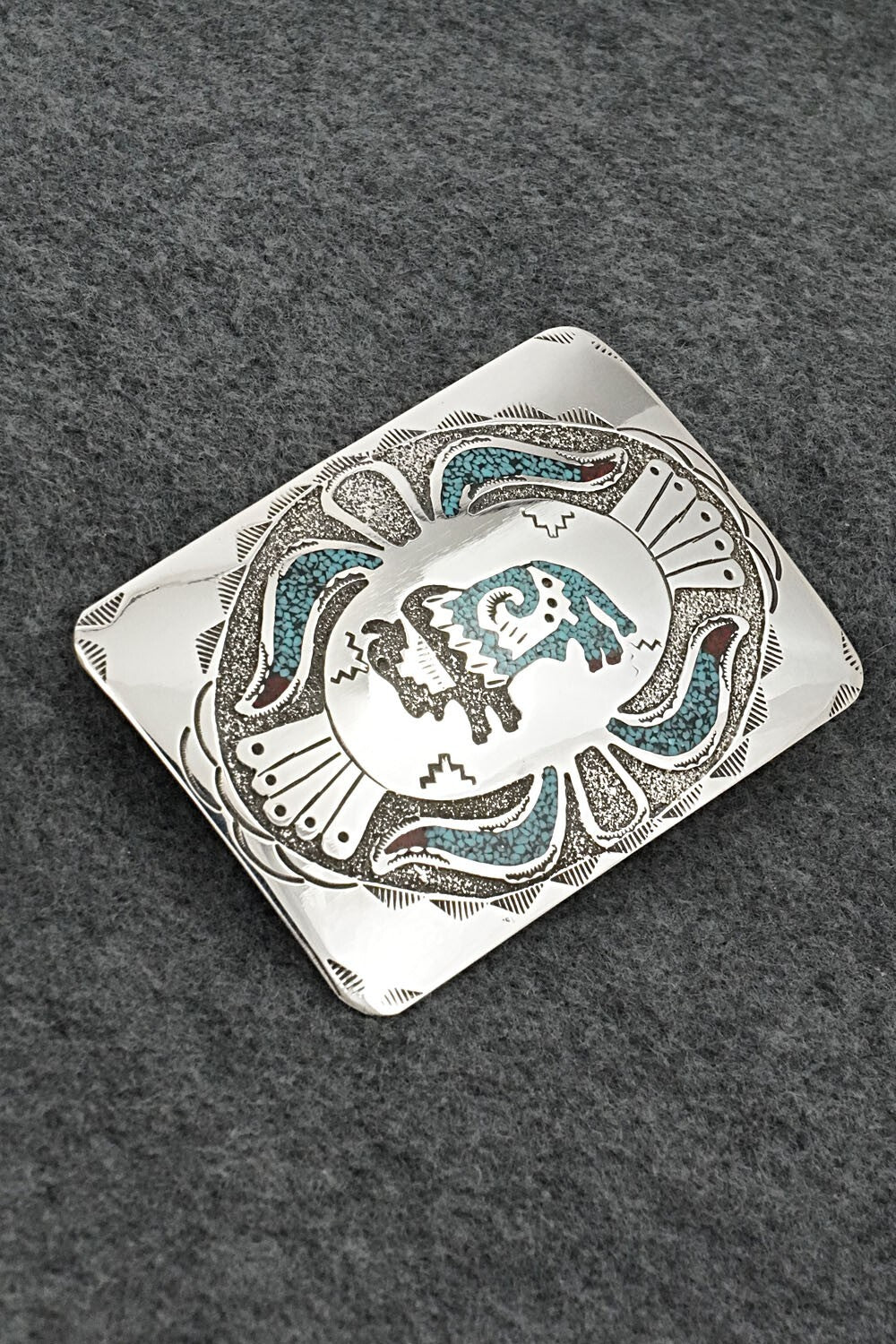 Turquoise, Coral Chip Inlay & Sterling Silver Belt Buckle - Raymond Begay