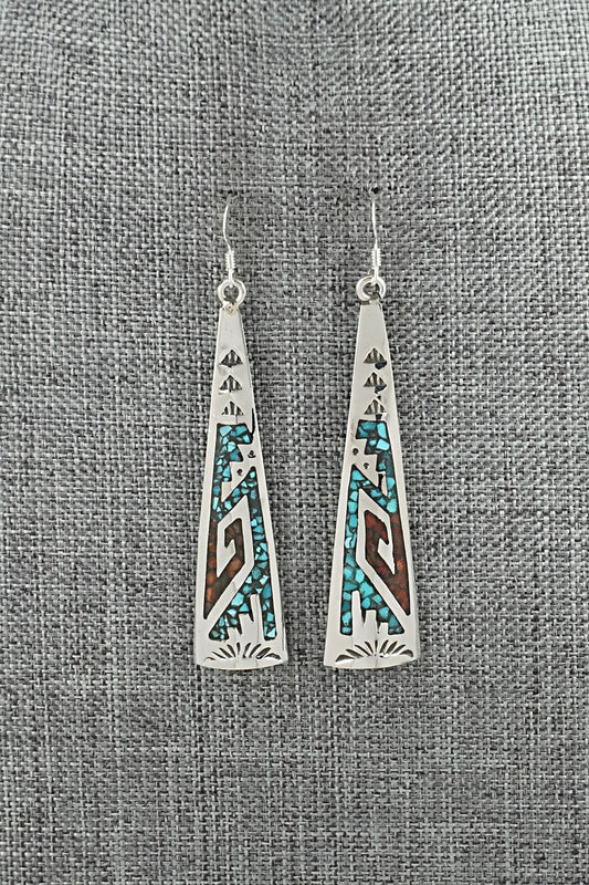 Turquoise, Coral Chip & Sterling Silver Earrings - Joleen Yazzie
